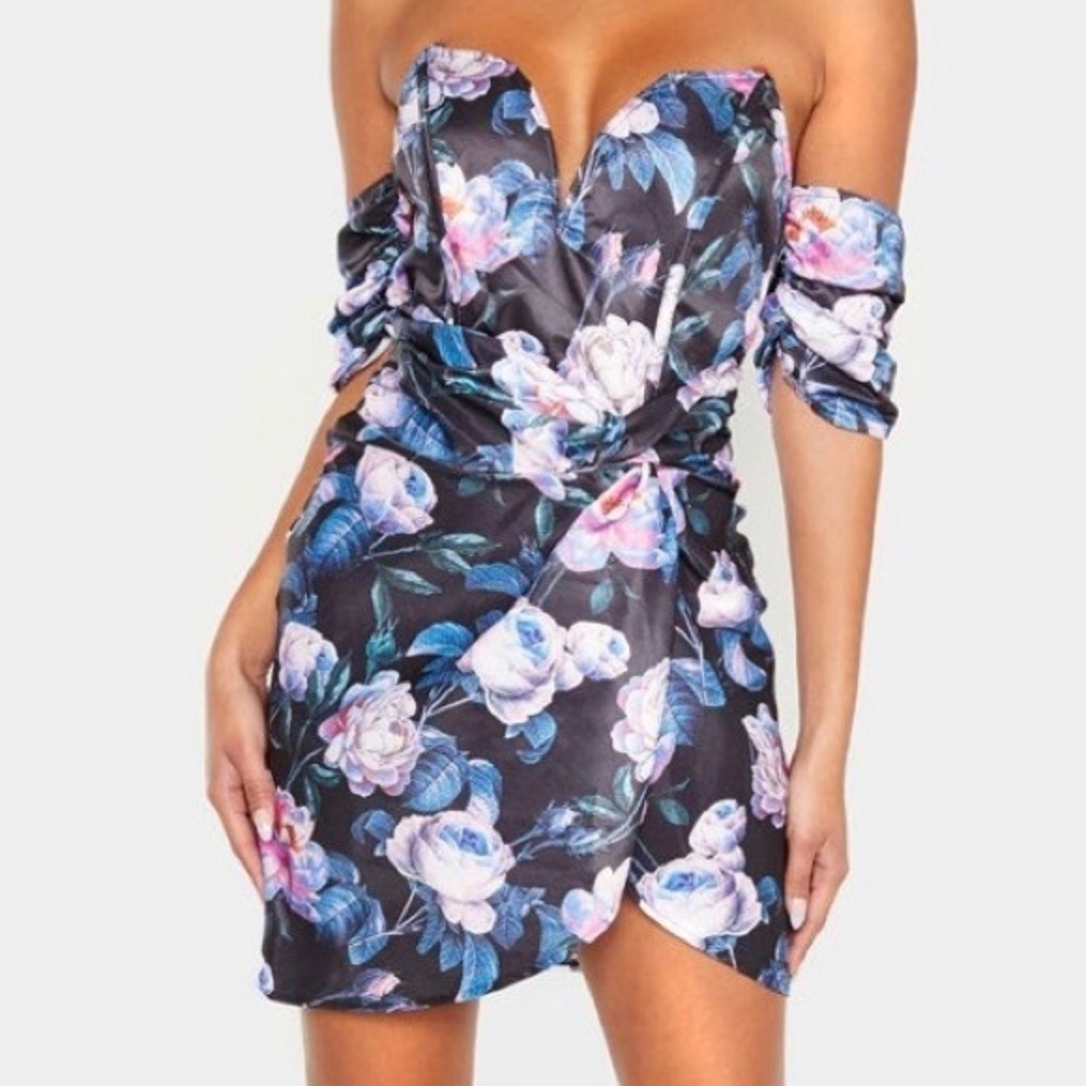 Black Floral Satin V Bar Ruched Wrap Bodycon Dress